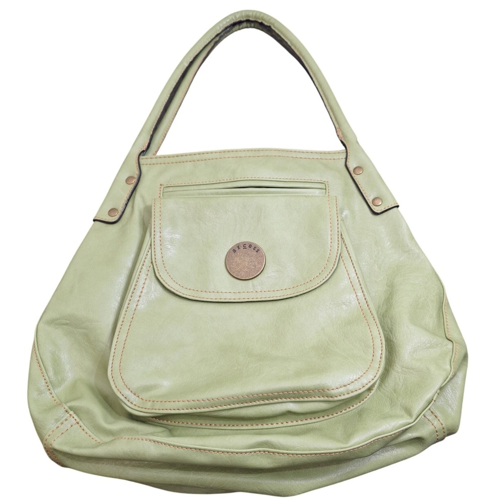 Axcess Womens Sage Green Faux Leather Hobo Shoulder Bag Front Pocket Bronze Trim